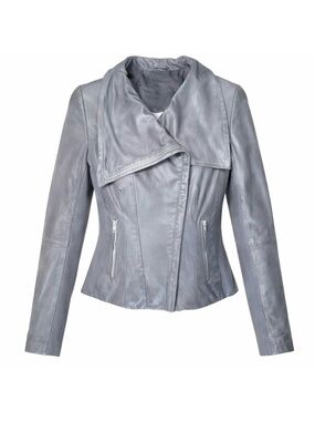 Lamarque Gray Genuine Leather Moto Jacket M Asymmetrical Zip